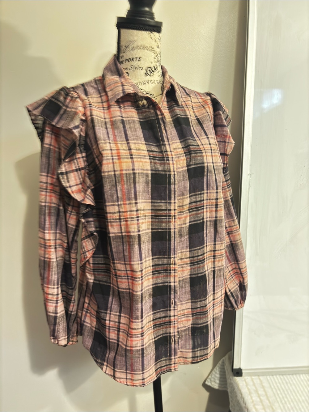 Jessica Simpson Lavender Plaid Ruffle-Shoulder Button Blouse